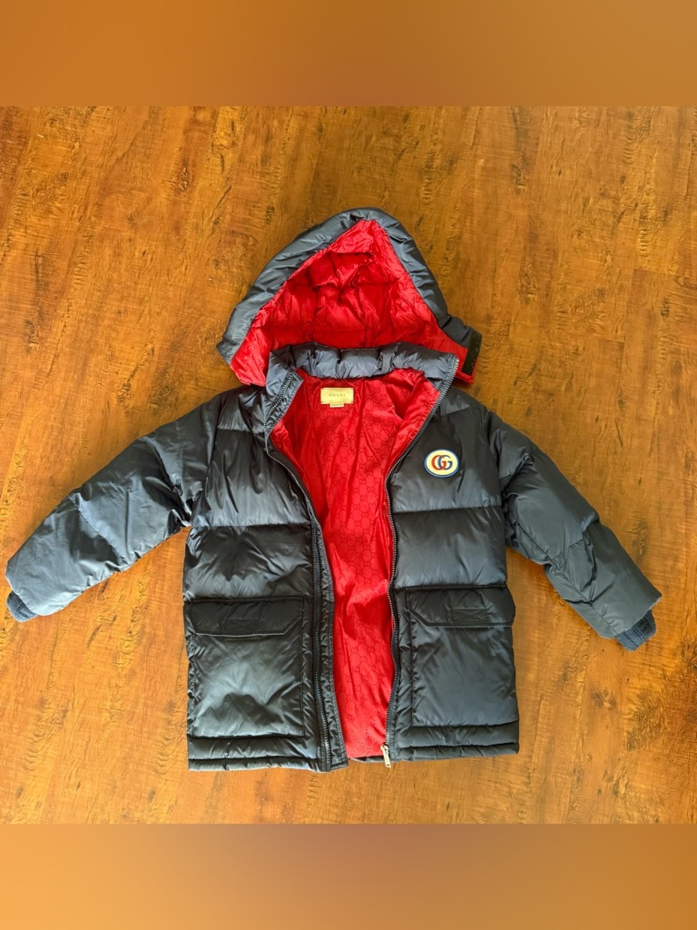Gucci Kids Black Puffer Jacket with Red Lining and Hood